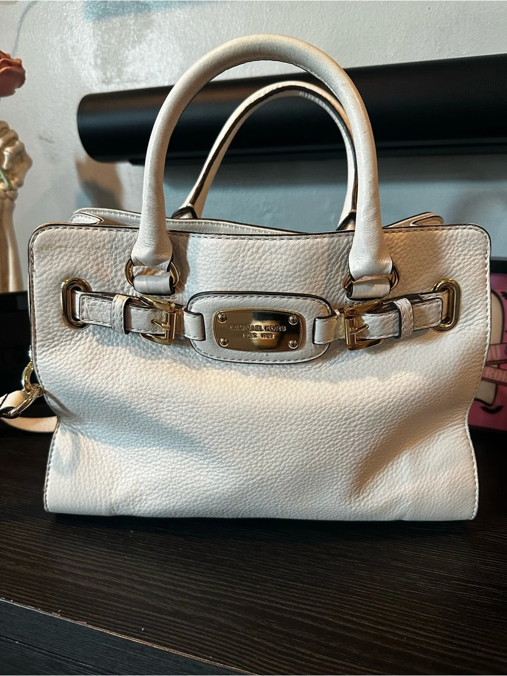 Michael Kors Cream Pebble Leather Satchel with Gold Hardware